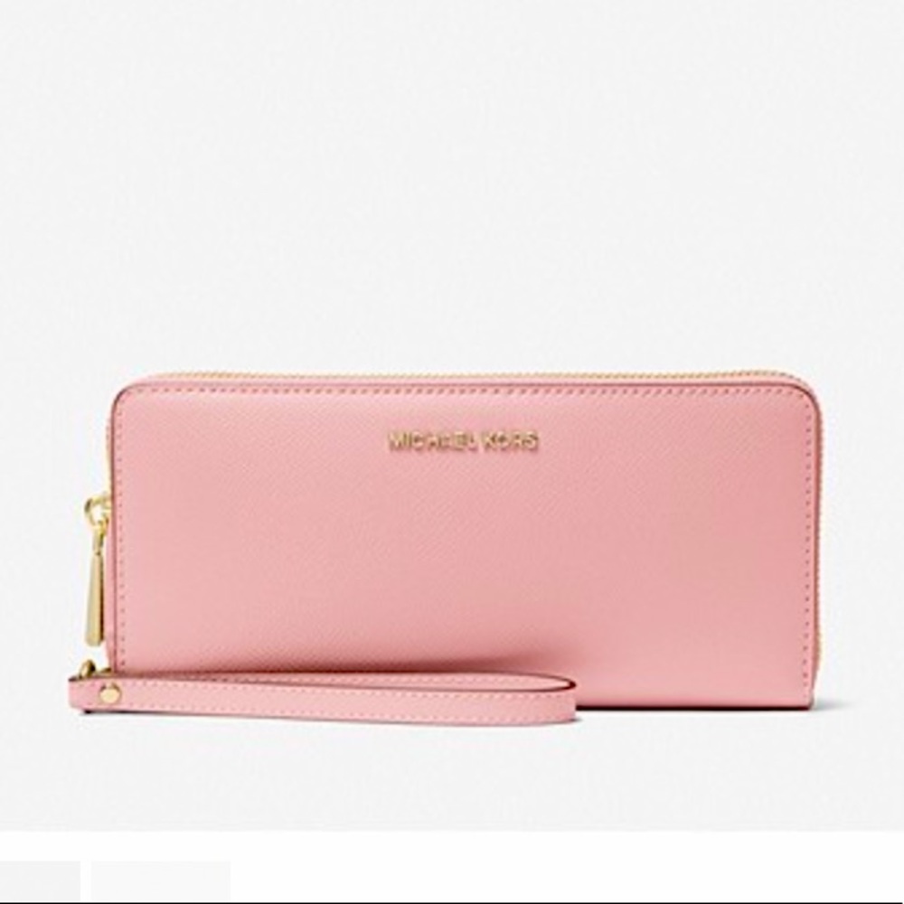 MICHAEL MICHAEL KORS
Pink Jet Set Travel Saffiano Leather Zip Wallet